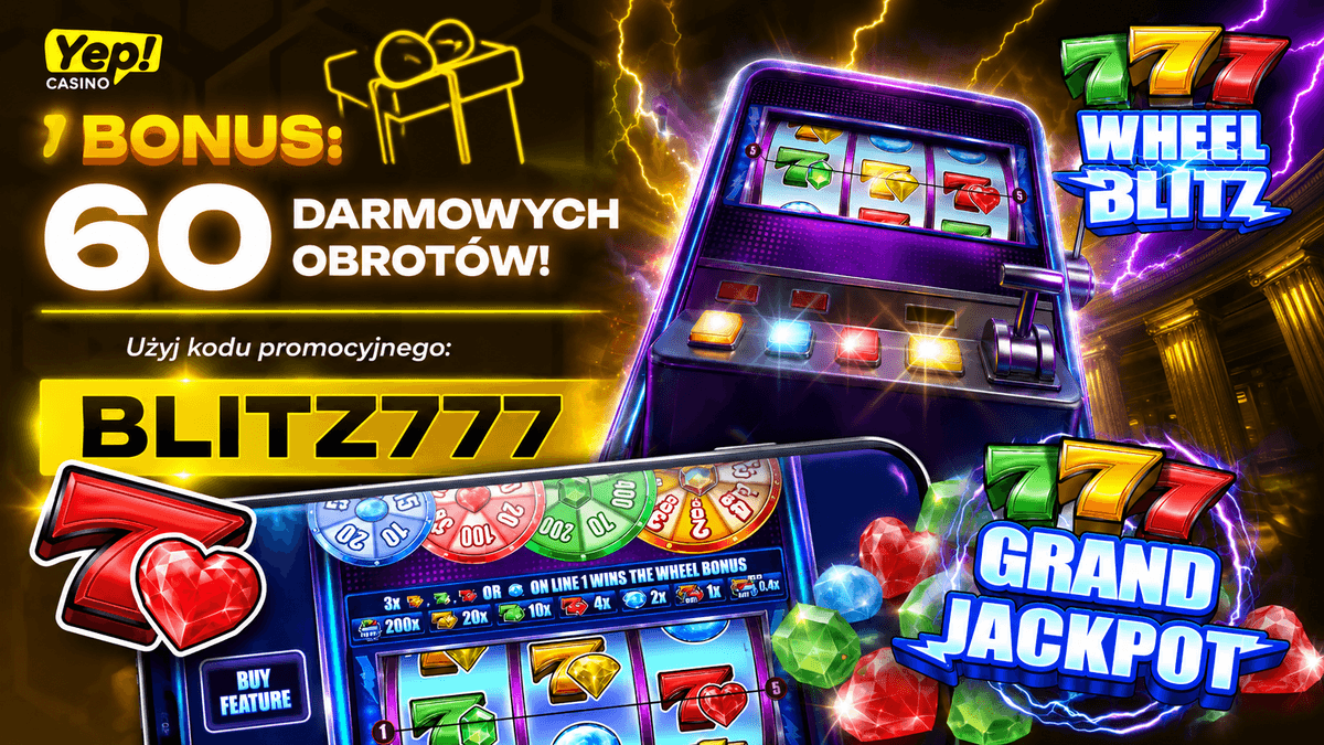 Grafika posta Free spiny YEP Casino – 60 darmowych spinów (kod:BLITZ777)