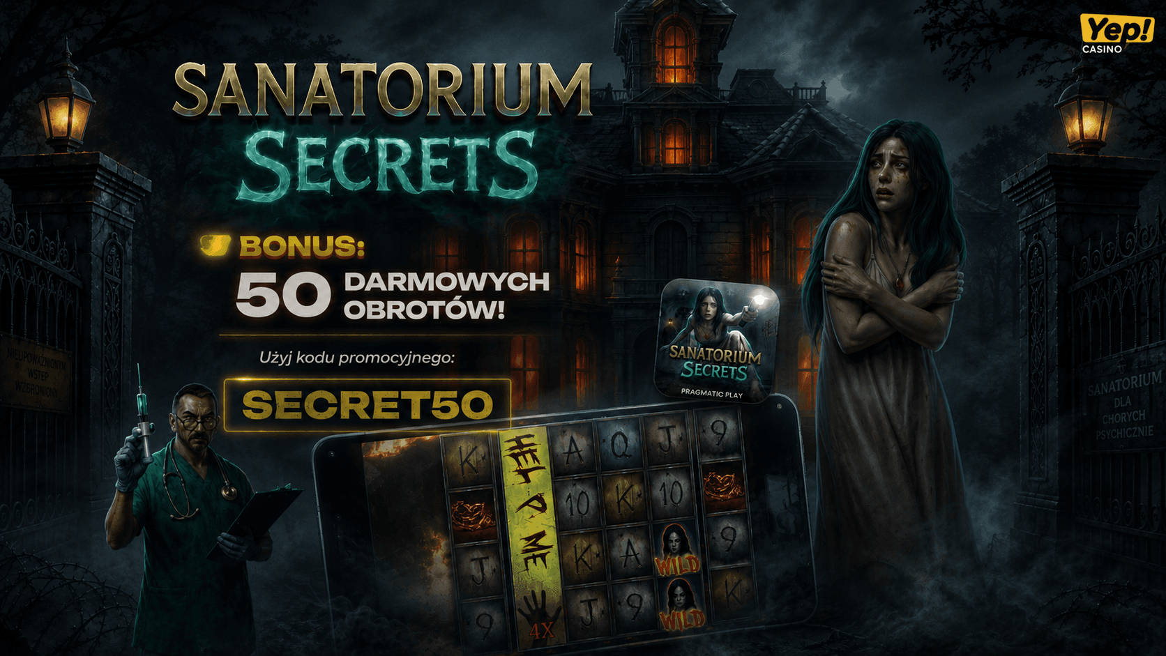 Grafika posta Free spiny YEP Casino – 50 darmowych spinów (kod:SECRET50)