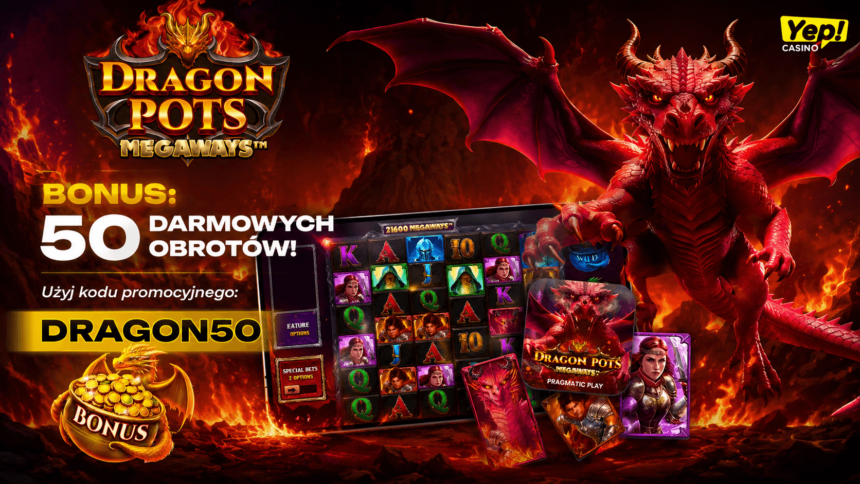 Grafika posta Free spiny YEP Casino – 50 darmowych spinów (kod:DRAGON50)