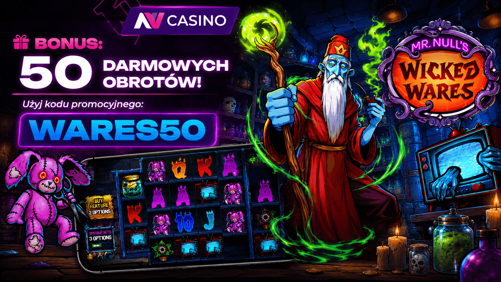 Grafika posta Free spiny NV Casino – 50 darmowych spinów (kod:WARES50)